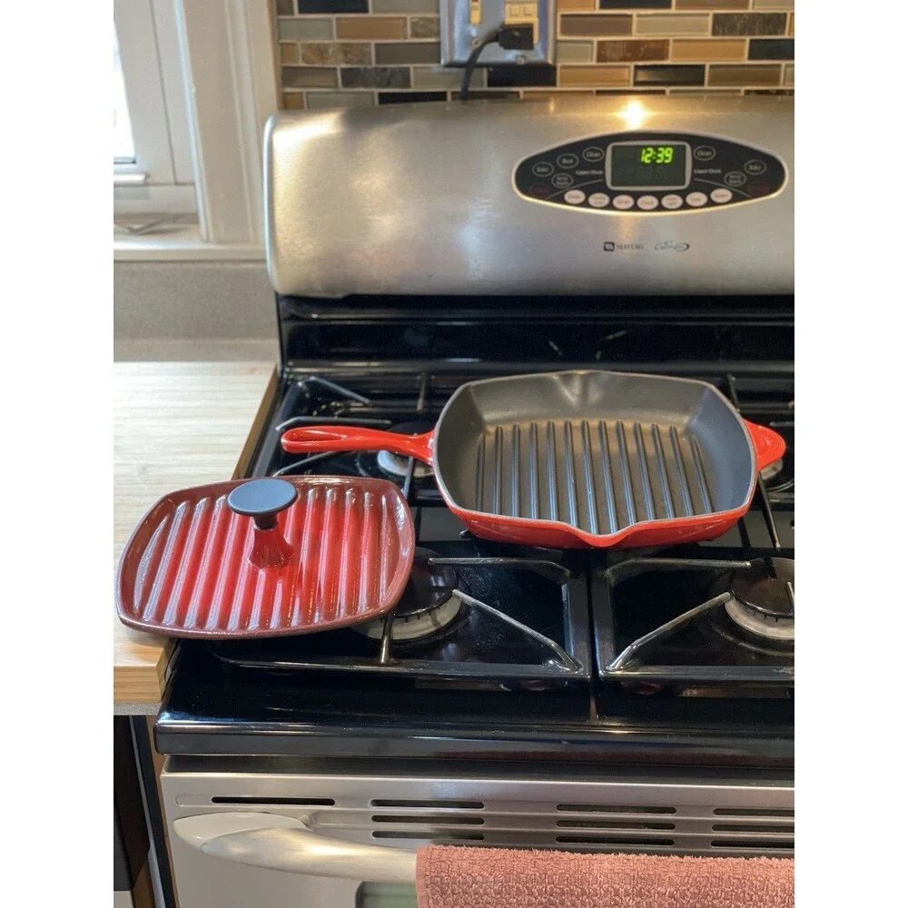 Vintage Le Creuset #26 Red Square Grill Pan France + Cast Iron Panini Press